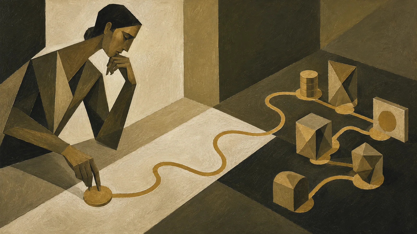 Editorial illustration in khaki and gold: a marketing strategist studying a winding route through geometric structures towards a single commercial objective