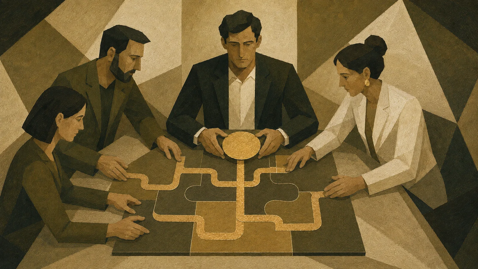 Editorial illustration in khaki and gold: an outsourced marketing team around a table building a connected pathway towards a single business goal