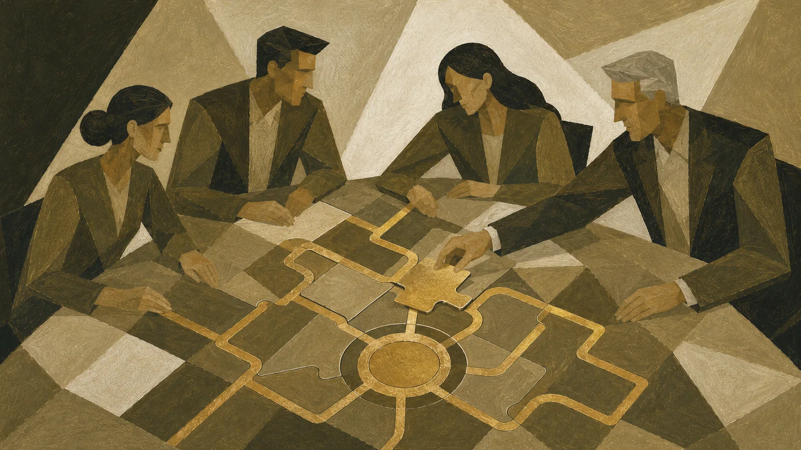 Editorial illustration in khaki and gold: a fractional marketing director placing the final piece into a business's strategic framework